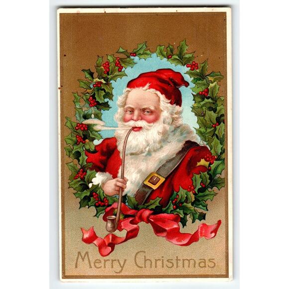 Vintage Santa Claus Christmas Postcard with Pipe & Holly Wreath - Picture 1 of 2